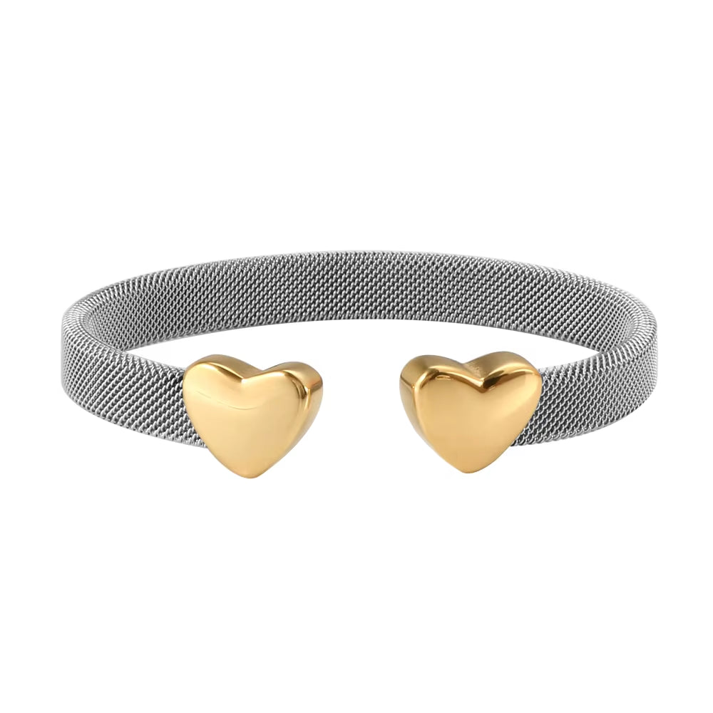 Heart Bracelets Cuff Mesh Adjustable Opening Bangle Heart Love Mesh Rings for Women Men Lover Couple Wedding Trendy Jewelry Set