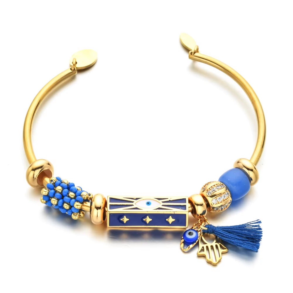 Boho Fashion Crystal Lucky Hand Cuff Open Jewelry Gold Color Colorful Turkish Evil Eye Bangle Bracelet for Women Gifts