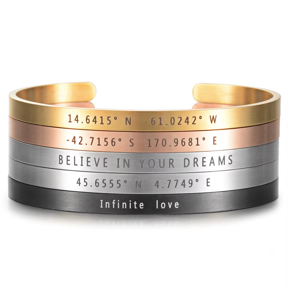 5Mm Customized Coordinates Cuff Stainless Steel Bracelets for Womens Mens Personnalisé Engrave Brushed Matte Adjustable Bangles