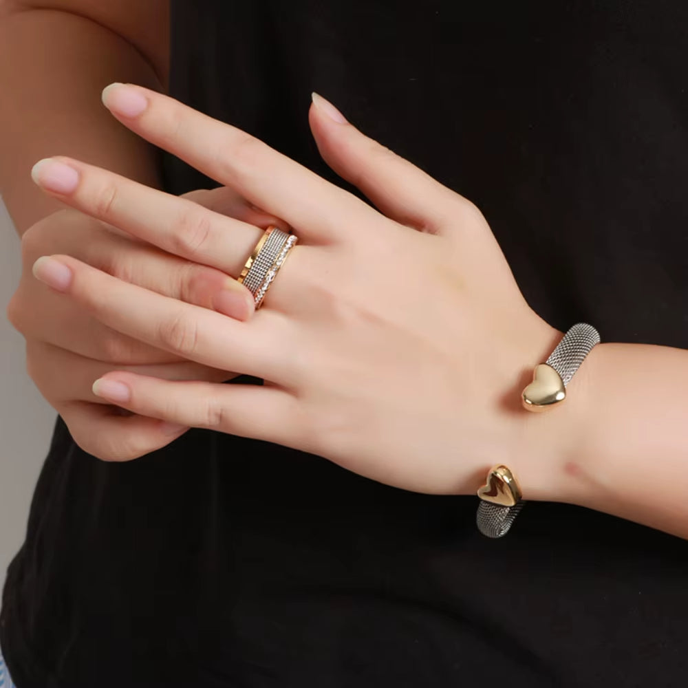 Heart Bracelets Cuff Mesh Adjustable Opening Bangle Heart Love Mesh Rings for Women Men Lover Couple Wedding Trendy Jewelry Set