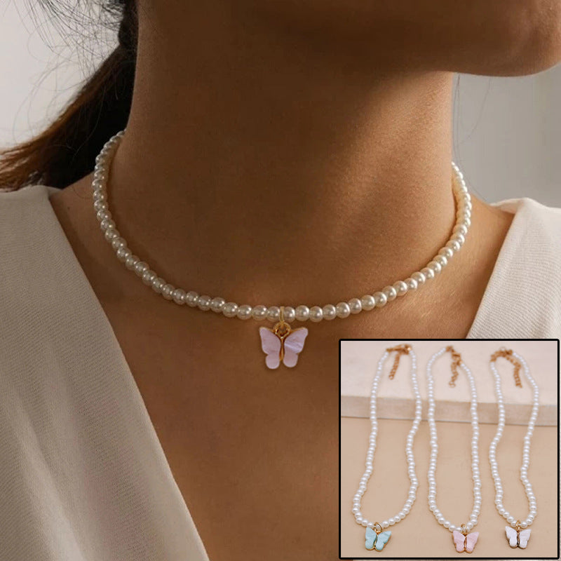 Elegant White Pearl Choker Necklace Small round Pearl Wedding Butterfly Necklace for Women Charm Fashion Jewelry