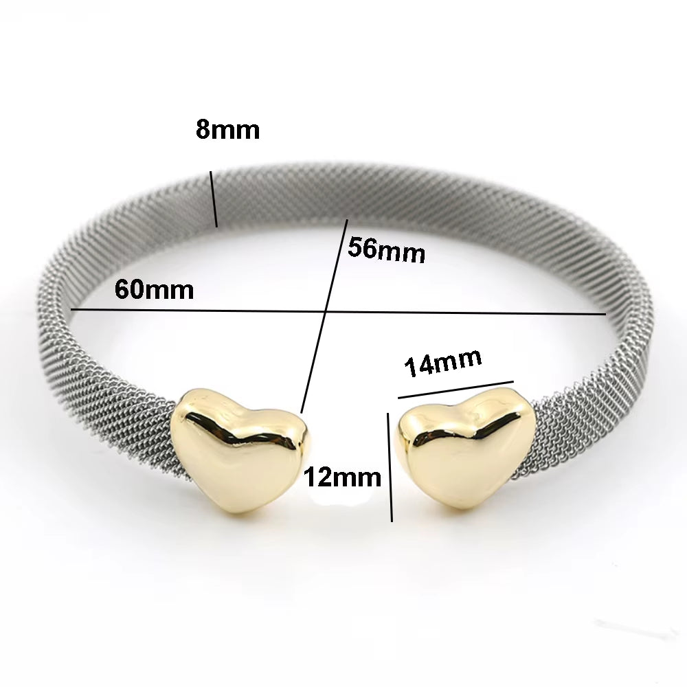 Heart Bracelets Cuff Mesh Adjustable Opening Bangle Heart Love Mesh Rings for Women Men Lover Couple Wedding Trendy Jewelry Set